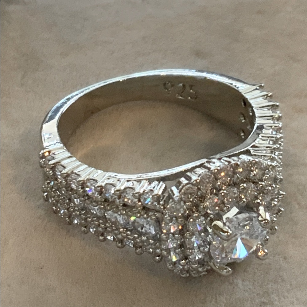 Ring Dome Shape CZ With Double Halo 925 Silver CZ Band Size 6